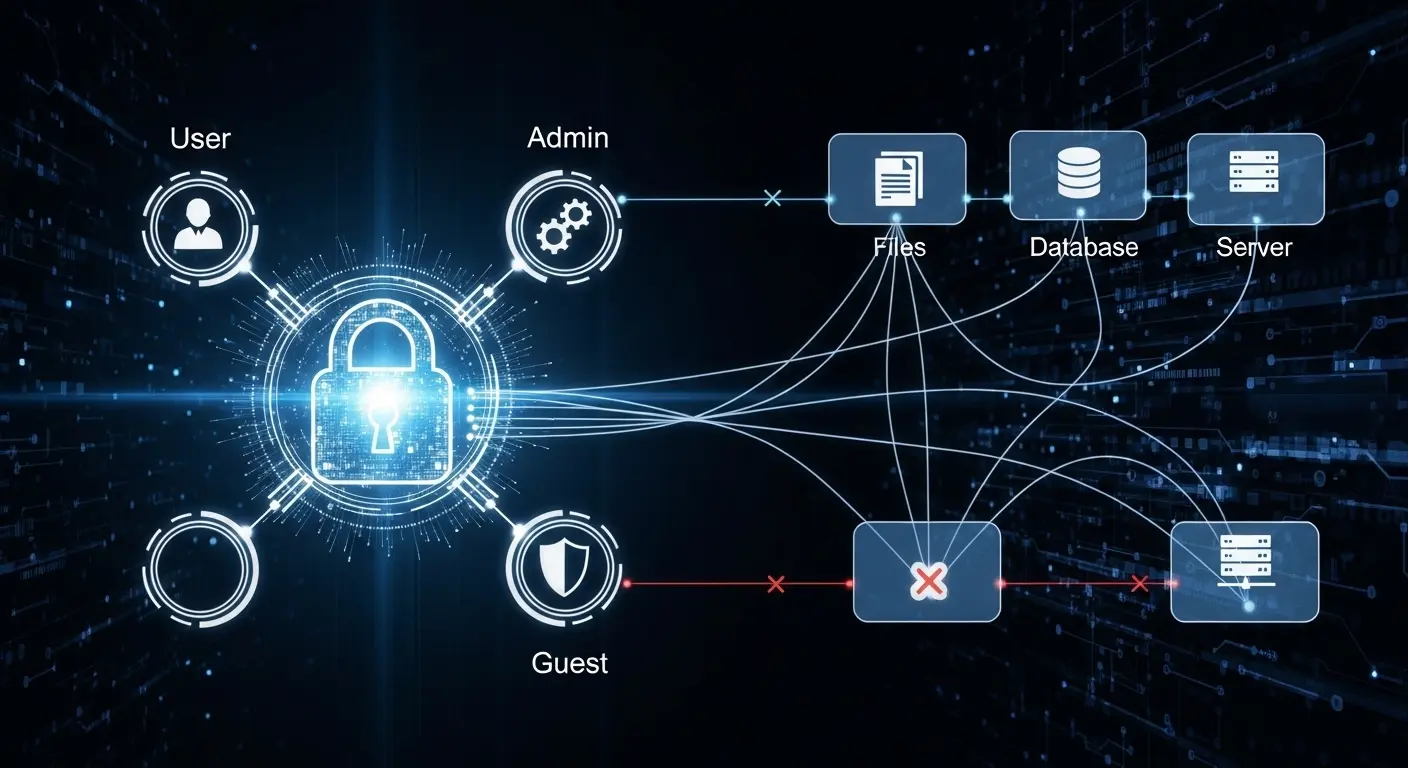 Ilustrace řízení přístupu RBAC ukazující role uživatele, administrátora a hosta s různými oprávněními k souborům, databázím a serverům.