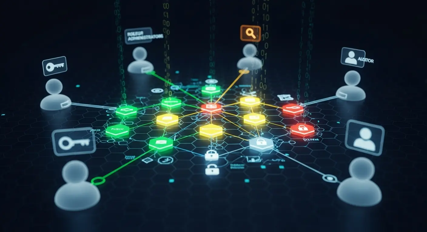 Diagram Role-Based Access Control (RBAC) zobrazující uživatele propojené s rolemi a oprávněními pro správu bezpečného přístupu k systému